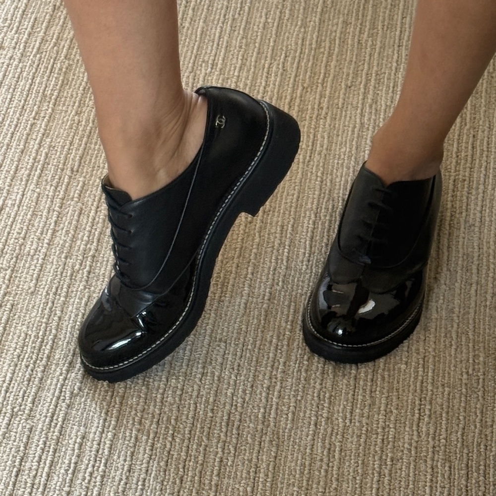 CHANEL Black Leather Oxfords